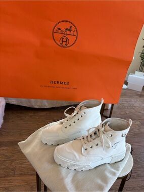 Hermes La Maison White Canvas Combat Boots